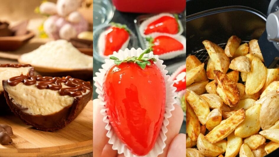Montagem com três receitas populares: ovo de Páscoa recheado, morango do amor gourmet e batatas crocantes na airfryer — destaques que dominaram as buscas de culinária.
