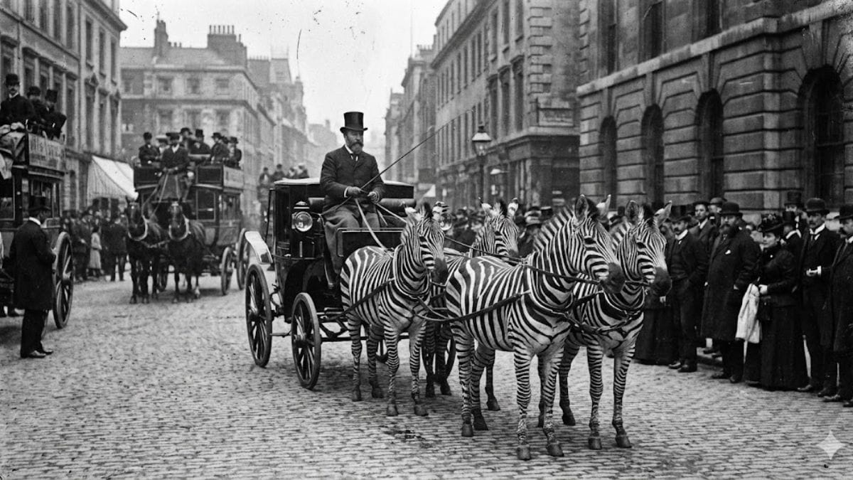 Uma imagem histórica em preto e branco de Walter Rothschild com sua carruagem puxada por zebras em Londres, ou uma foto moderna de uma zebra com a boca aberta (mostrando dentes) em atitude defensiva.