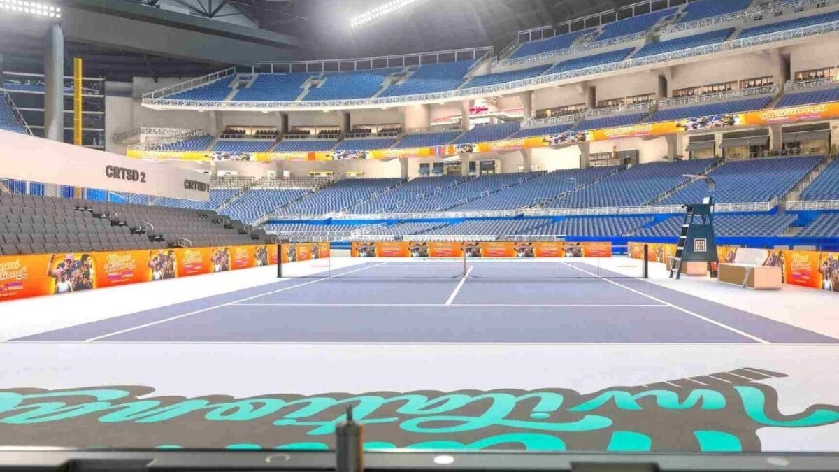 Quadra de tênis no LoanDepot Park, casa do Miami Marlins 