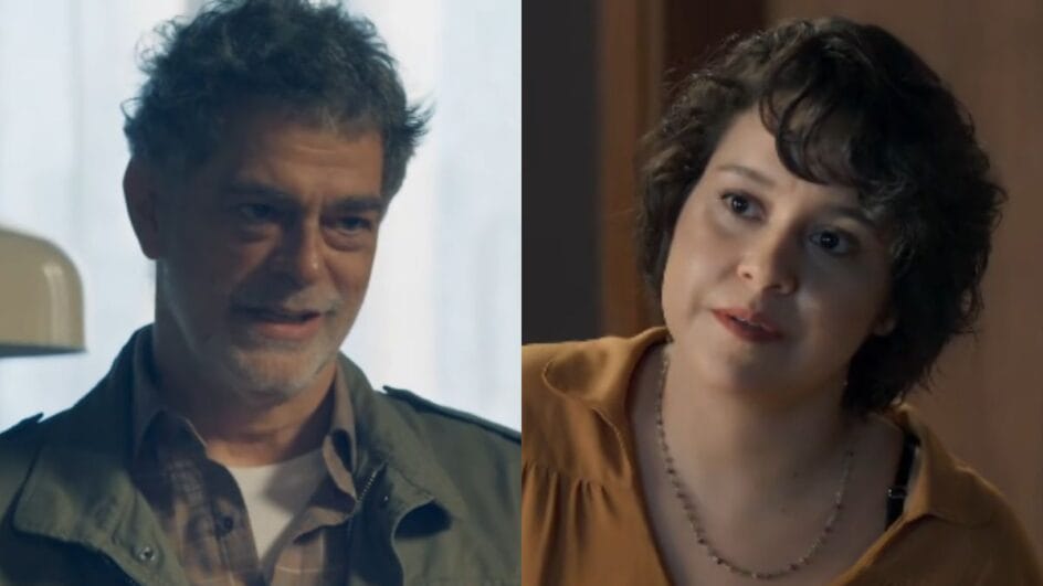 Rogério (Eduardo Moscovis) e Claudia (Lorrana Moussinho) em Três Graças, novela das nove da Globo