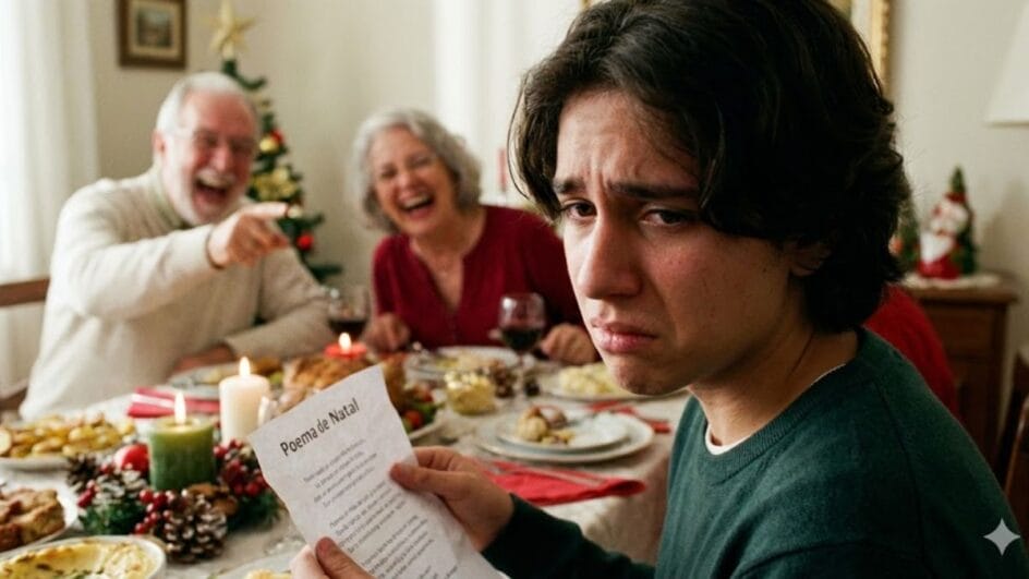Uma imagem com foco emocional em close-up. Um jovem (Gen Z) sentado à mesa de jantar festiva, segurando um papel (o poema) com expressão de desconforto/vergonha, enquanto duas pessoas mais velhas ao fundo aparecem desfocadas, rindo alto.