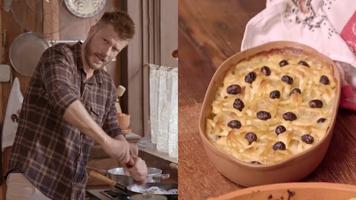 Montagem com imagens de Rodrigo Hilbert cozinhando de frente para fogão, e prato de bacalhau ao lado