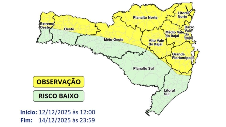 Regiões em amarelo estão em observação para temporais isolados (Foto: Defesa Civil, Reprodução)