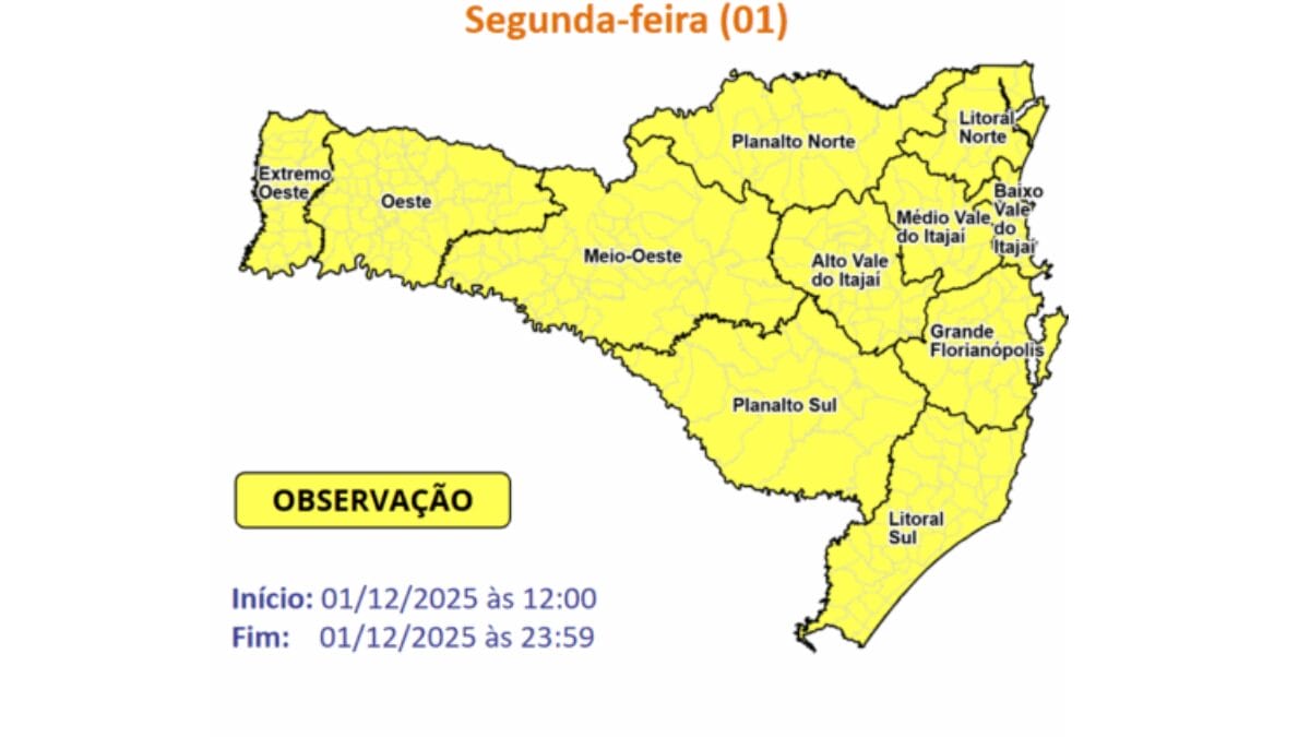 Santa Catarina est&aacute; em alerta laranja, com risco de moderado a alto, para ocorr&ecirc;nica relacionadas a temporais, vendaval e granizo, de acordo com um aviso da Defesa Civil do Estado (Foto: Defesa Civil SC, Reprodu&ccedil;&atilde;o)