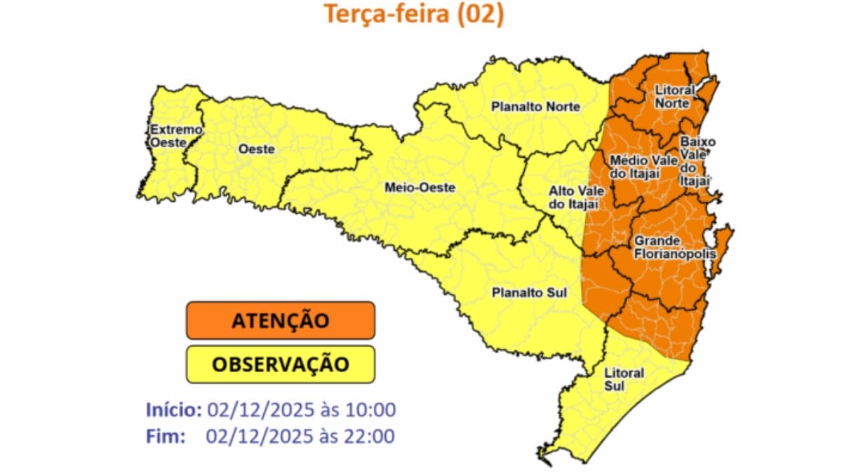 O aviso vale para esta segunda-feira (1&ordm;) e ter&ccedil;a-feira (2) (Foto: Defesa Civil SC, Reprodu&ccedil;&atilde;o)