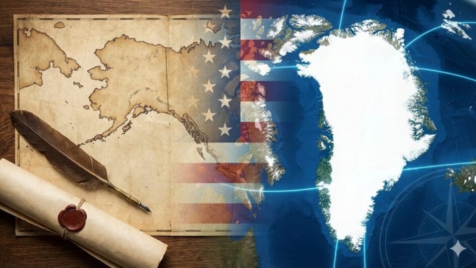 Arte ilustra o paralelo entre a histórica compra do Alasca em 1867 e o atual interesse estratégico dos Estados Unidos na Groenlândia. Gemini IA