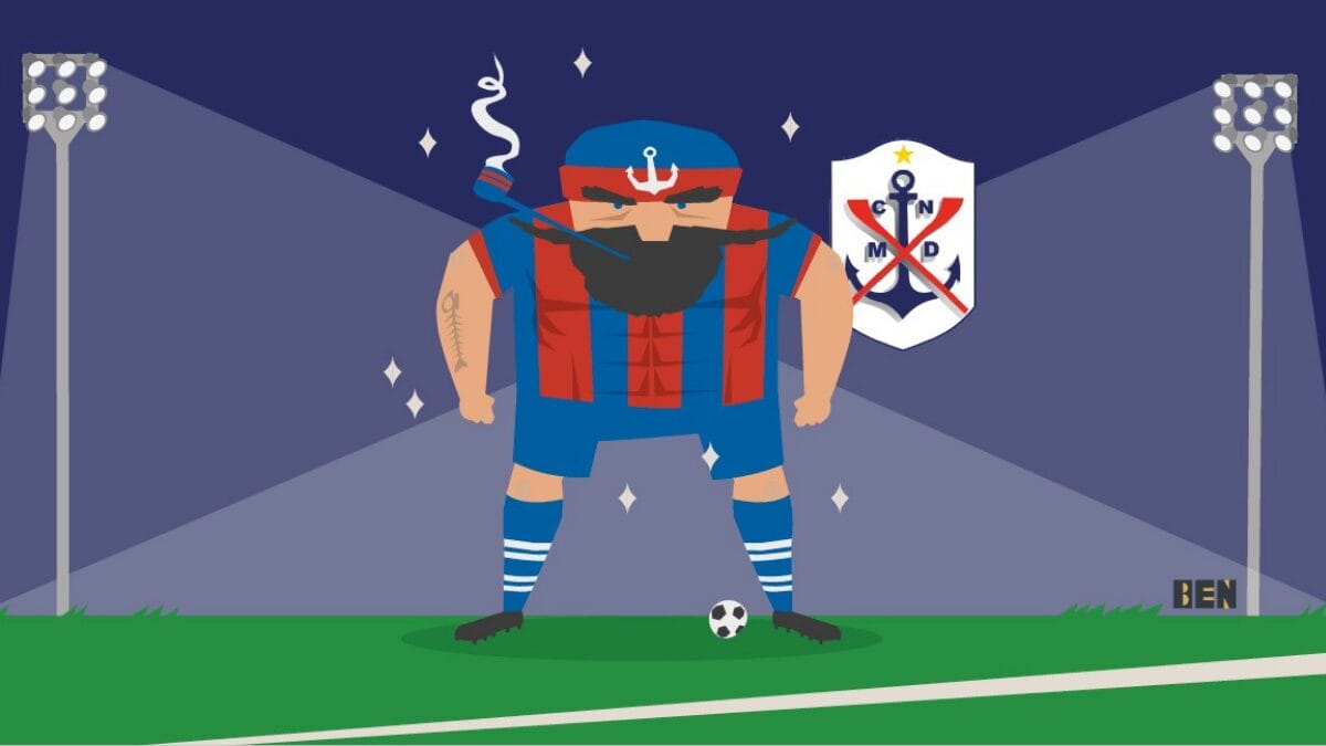 Arte de um Marinheiro, o mascote do Marc&iacute;lio Dias, no campo com o uniforme, uma bola no p&eacute; e o escudo do clube ao lado