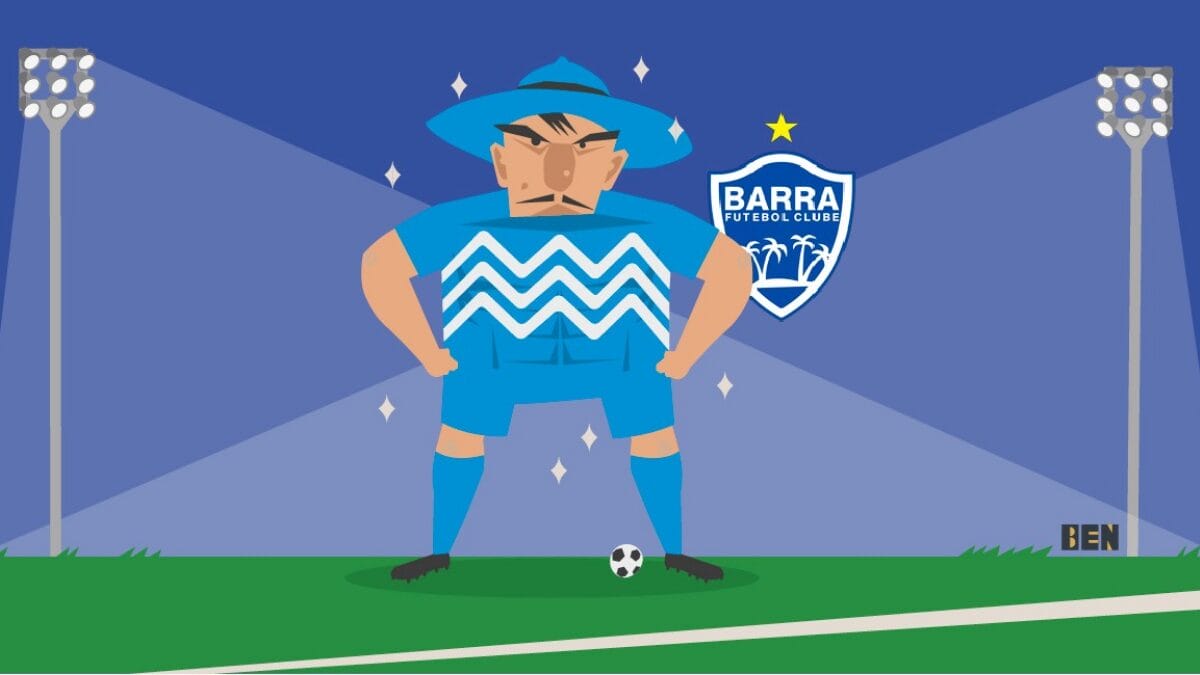 Arte de um pescador, o mascote do Barra, no campo com o uniforme, uma bola no p&eacute; e o escudo do clube ao lado