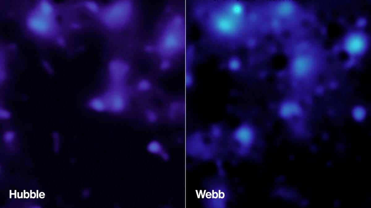 Mapa de distribuição de matéria escura em azul sobreposto a galáxias capturadas pelo James Webb