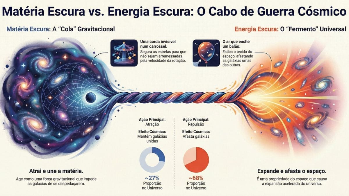 Entenda o "Cabo de Guerra" Cósmico: enquanto a matéria escura (~27%) atua como uma "cola" gravitacional, a energia escura (~68%) expande o tecido do espaço sob o modelo Lambda-CDM. (Infográfico: Reprodução/NotebookLM)