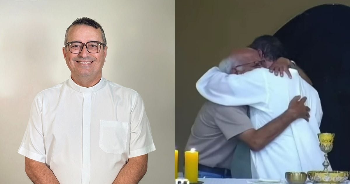 Padre abraçando fiel durante a missa, em Tubarão