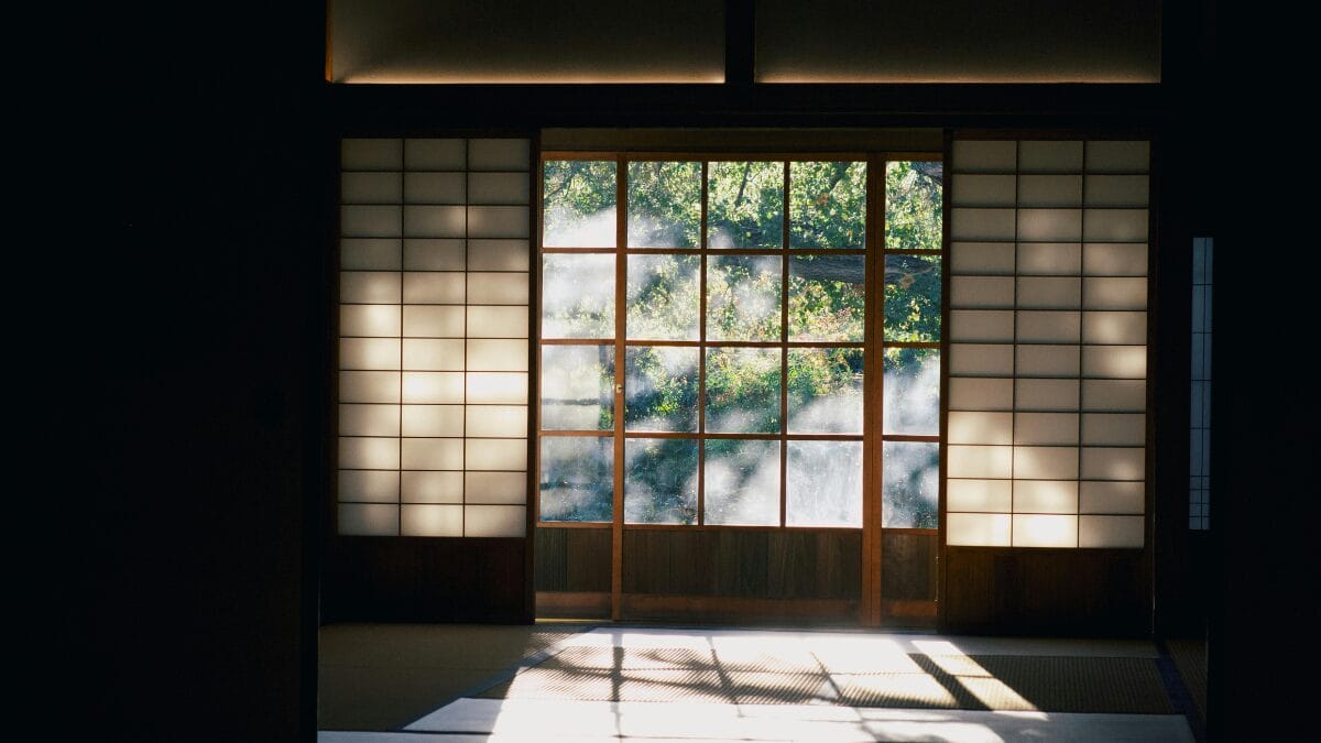 Interior de um ambiente escuro olhando para fora atrav&eacute;s de pain&eacute;is shoji abertos e vidro. A luz do sol ilumina as &aacute;rvores l&aacute; fora, projetando sombras de folhas no ch&atilde;o de tatame e criando um forte contraste de luz e sombra.