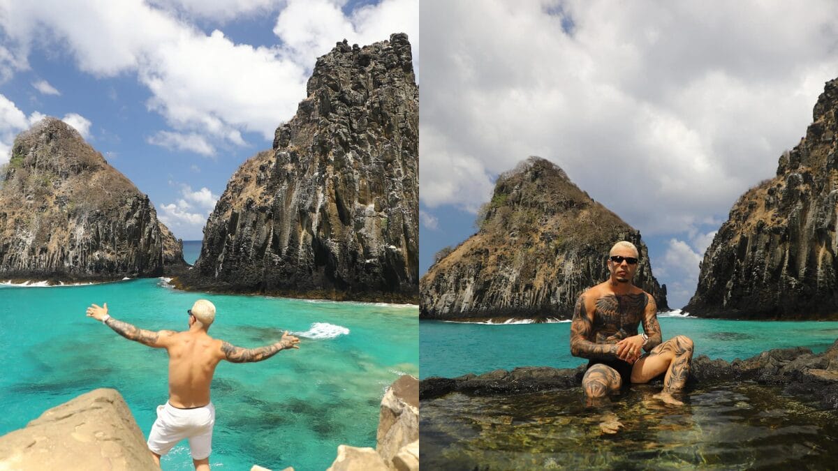 O cantor em Fernando de Noronha, com o Morro do Pico ao fundo. Em uma foto, ele est&aacute; de costas com os bra&ccedil;os abertos; na outra, sentado em uma piscina natural de frente para a c&acirc;mera.