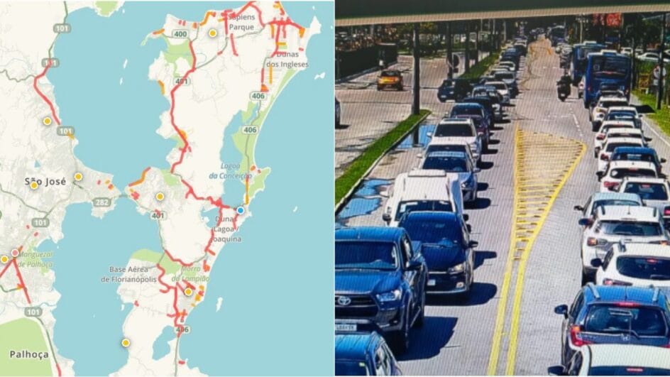 Pontos em vermelho indicam congestionamento no trânsito (Fotos: Waze, Reprodução; PMRv, Divulgação)