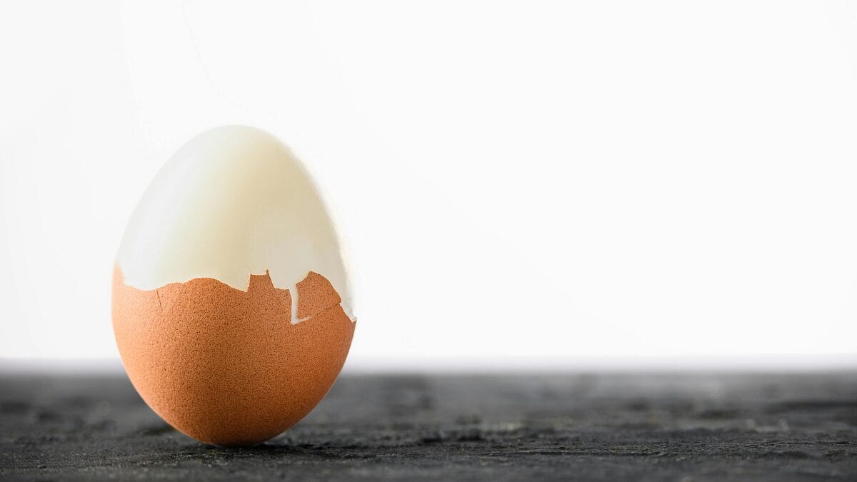 Ovo cozido com casca parcialmente quebrada mostrando clara firme ap&oacute;s preparo na airfryer