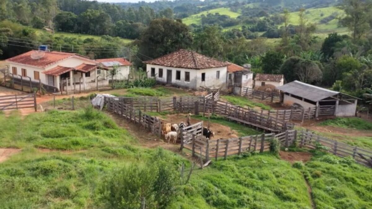 Vis&atilde;o a&eacute;rea ampla de um complexo rural com o casar&atilde;o principal, uma casa vizinha mais moderna e um curral de madeira com gado no centro. O terreno &eacute; cercado por pastos verdes e vegeta&ccedil;&atilde;o densa ao fundo.