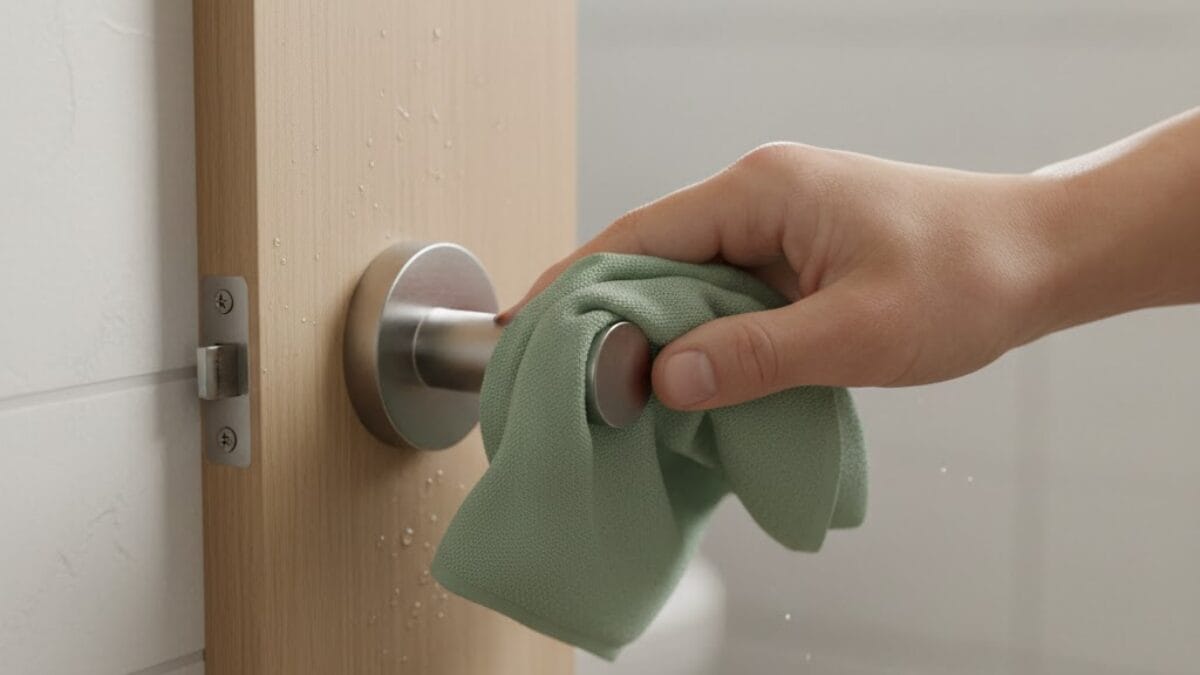 Close-up de uma mão segurando um pano de limpeza verde, limpando uma maçaneta de metal acetinado em uma porta de madeira clara. Gotículas de água são visíveis na superfície da porta.