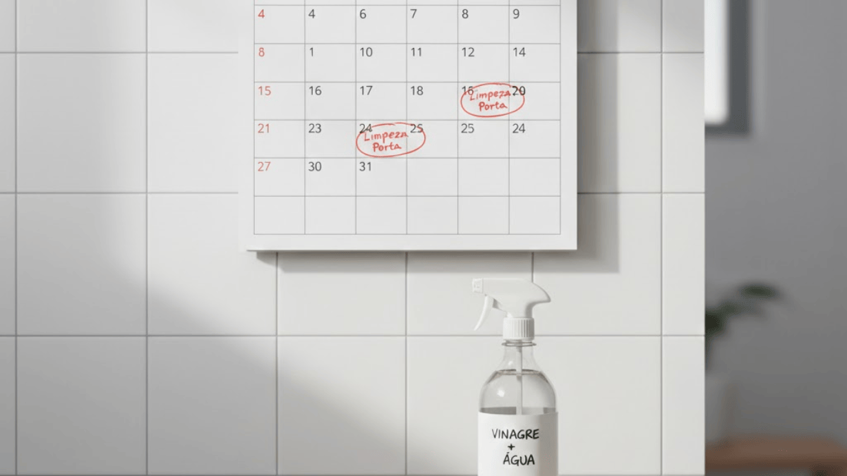 Um calendário de parede branco fixado em azulejos. Duas datas estão circuladas com caneta vermelha e a anotação "Limpeza Porta". À frente, um borrifador transparente com o rótulo escrito à mão "VINAGRE + ÁGUA".