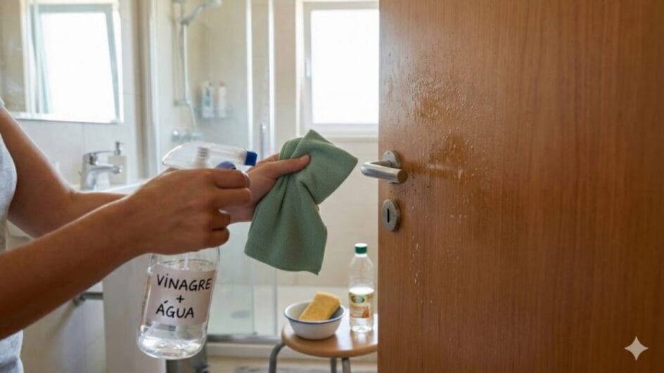 Uma pessoa segura um borrifador com o rótulo "VINAGRE + ÁGUA" em uma mão e um pano verde na outra. Ao fundo, vê-se o interior de um banheiro iluminado e uma porta de madeira pronta para receber a aplicação.