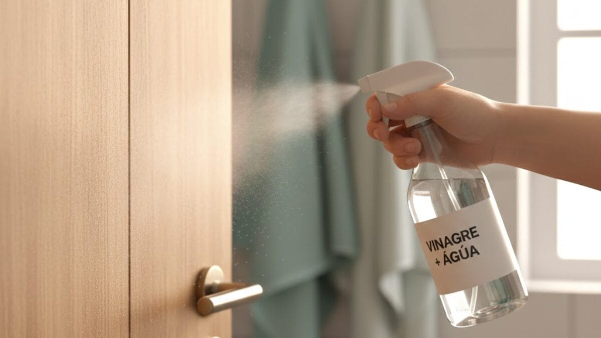 Close-up lateral de uma mão pressionando o gatilho de um borrifador rotulado "VINAGRE + ÁGUA", direcionando o jato para a superfície de uma porta de madeira clara próxima à maçaneta.