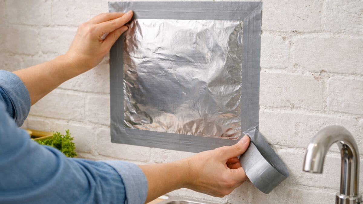 Uma pessoa aplica um quadrado de papel alum&iacute;nio em uma parede de tijolos brancos acima de uma pia de cozinha, prendendo as bordas com fita adesiva cinza (silver tape).