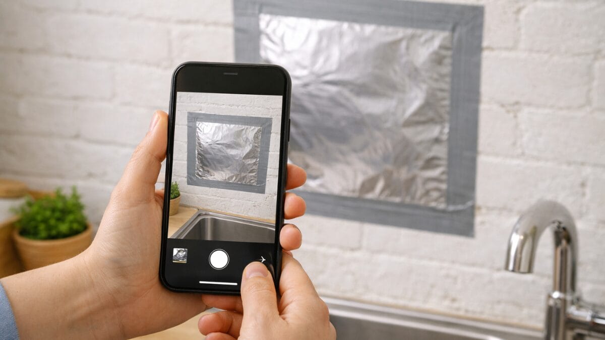 M&atilde;os segurando um smartphone preto para tirar uma foto do papel alum&iacute;nio fixado na parede da cozinha. A tela do celular mostra o enquadramento da &aacute;rea de teste.
