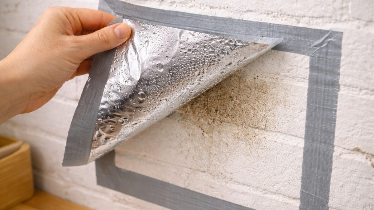 Uma m&atilde;o levanta a ponta do papel alum&iacute;nio da parede, revelando muitas got&iacute;culas de &aacute;gua condensada na parte interna do papel e uma mancha &uacute;mida escura nos tijolos.