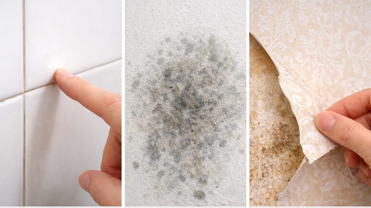 Imagem composta de tr&ecirc;s partes mostrando detalhes de danos por umidade: um dedo apontando para uma bolha em um azulejo branco, uma mancha circular de mofo cinza em uma parede branca, e uma m&atilde;o puxando um papel de parede floral que est&aacute; descascando de uma parede &uacute;mida.