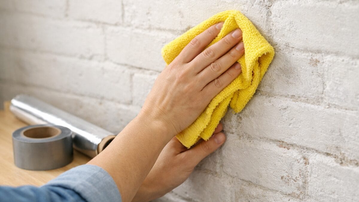 Close-up de m&atilde;os usando um pano amarelo de microfibra para limpar uma parede de tijolos brancos. Ao lado, em uma bancada, h&aacute; um rolo de papel alum&iacute;nio e uma fita adesiva cinza.