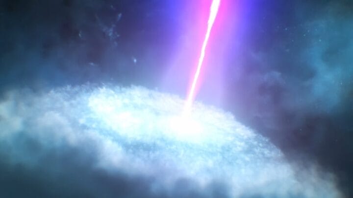 Jato de raios gama emergindo de um disco brilhante de matéria ao redor de um buraco negro durante explosão cósmica.