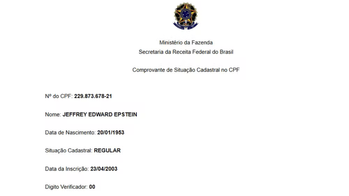 Epstein tem CPF ativo no Brasil, revelam documentos dos EUA