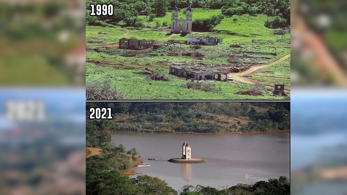 Comparação da cidade antes e depois de ficar submersa (Foto: Reprodução, Redes sociais)