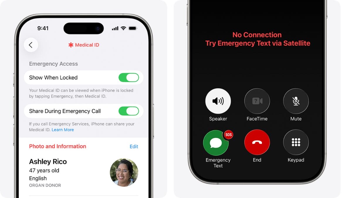 Duas telas de iPhone. A da esquerda mostra a configura&ccedil;&atilde;o de "ID M&eacute;dico"; a da direita mostra uma chamada de emerg&ecirc;ncia falhando com o aviso em vermelho: "Sem Conex&atilde;o. Tente Mensagem de Emerg&ecirc;ncia via Sat&eacute;lite".