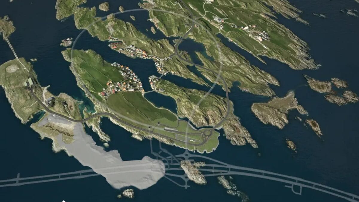 Um mapa renderizado em 3D mostrando ilhas verdes cercadas por &aacute;guas azuis profundas, com linhas cinzas indicando o tra&ccedil;ado planejado das estradas e t&uacute;neis que conectam o arquip&eacute;lago.