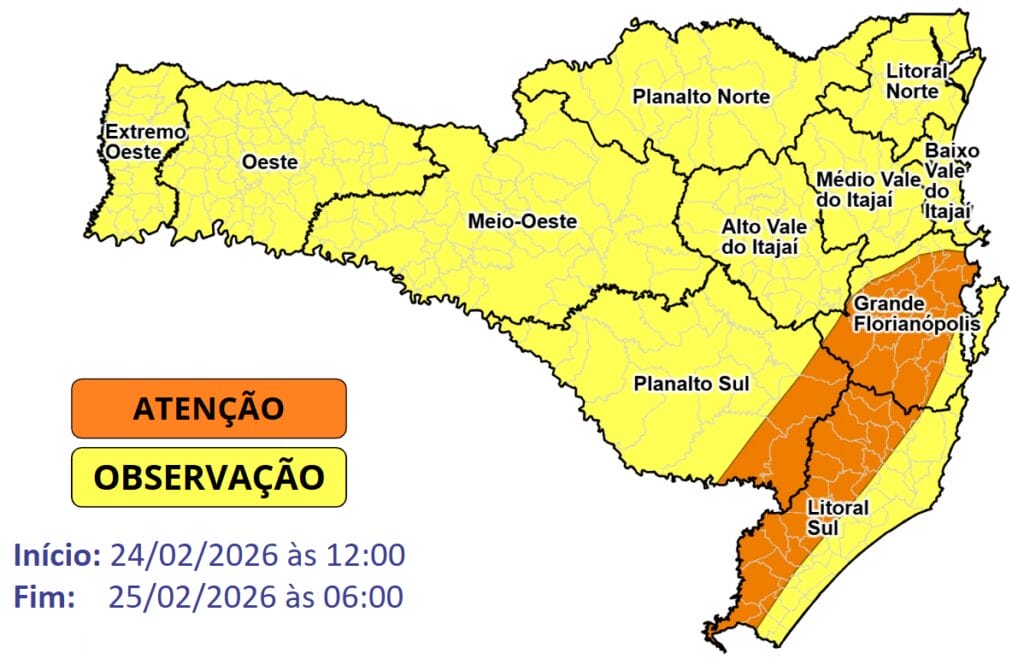 Temporais e chuva persistente e pontualmente intensa entre a tarde de terça (24) e a madrugada de quarta-feira (25)