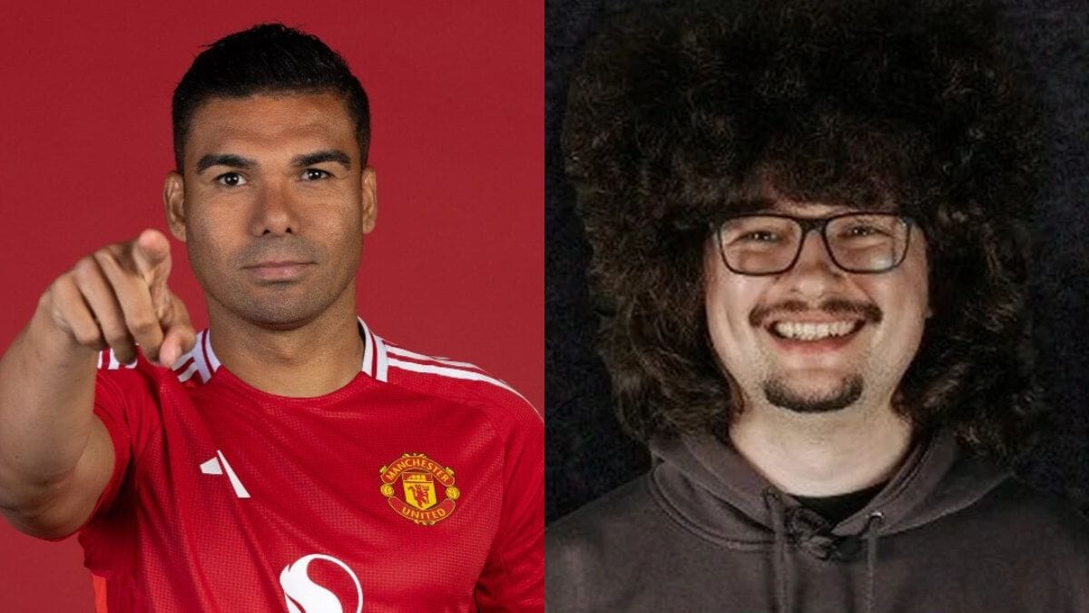 Casemiro, do United, e Frank Ilett, torcedor que fez promessa por vitórias do time (Foto: Redes sociais, Reprodução)