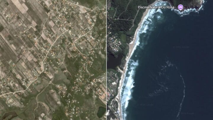 Antes e depois de imagens de satélite mostram urbanização da Praia do Rosa