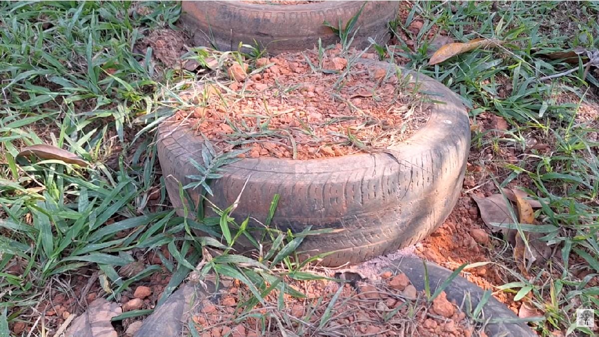 Escadarias de pneus são uma alternativa relativamente comum que resolvem dois problemas em simultâneo. Foto: Cadin da Roça / YouTube