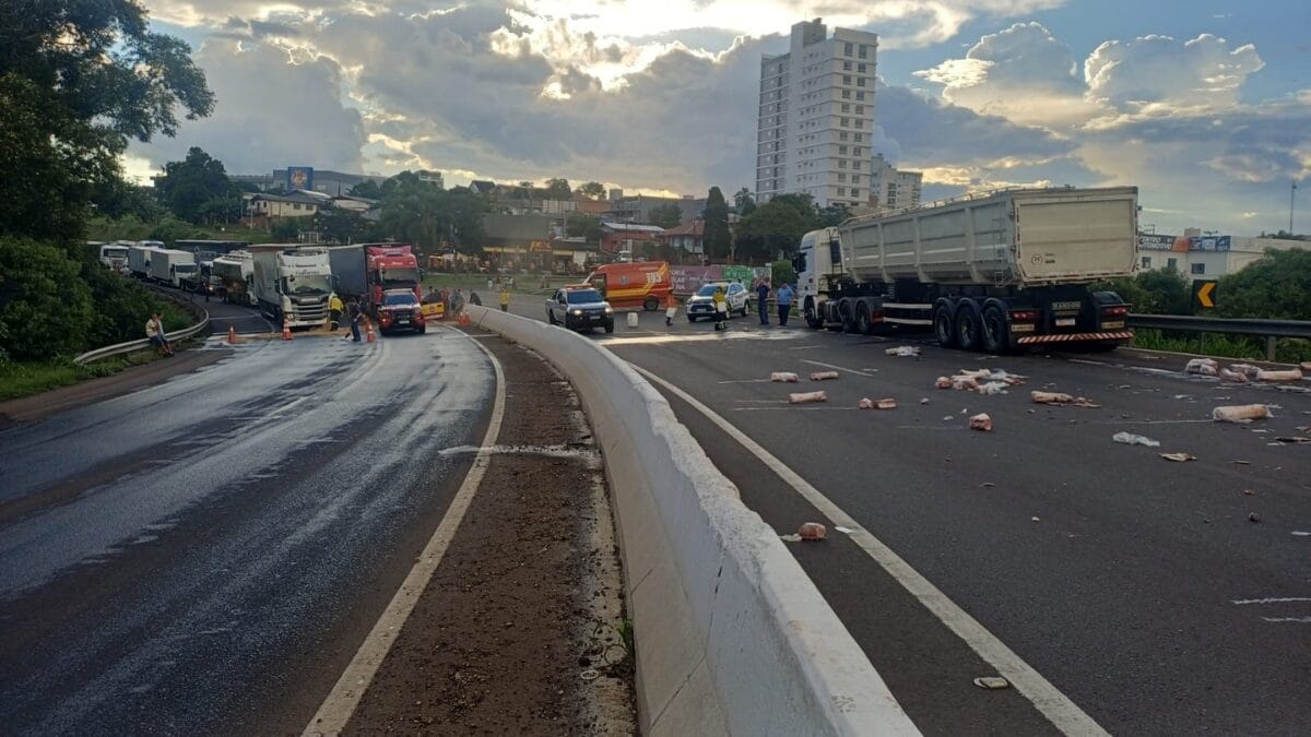 Carreta carregada com carne congelada tombou na BR-282, em Xanxer&ecirc;