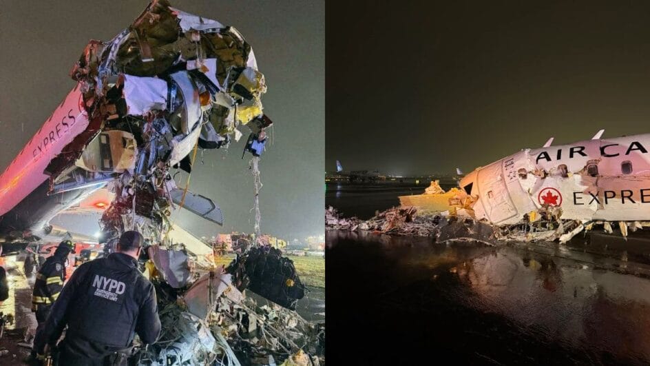 Avião fica destruído após acidente no aeroporto LaGuardia, em Nova York