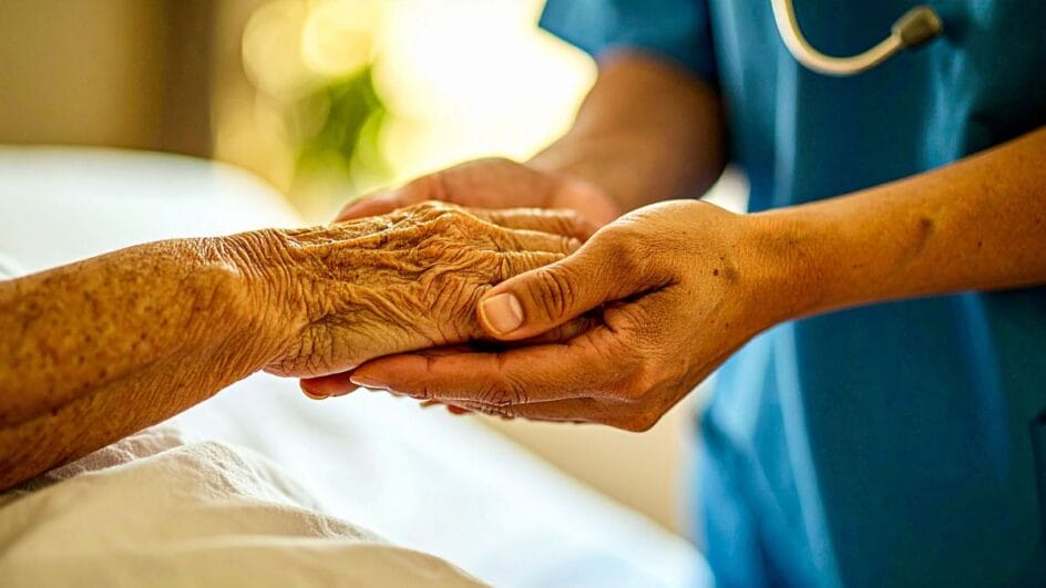Cuidador segura a mão de idoso. (Foto: Banco de Imagens)