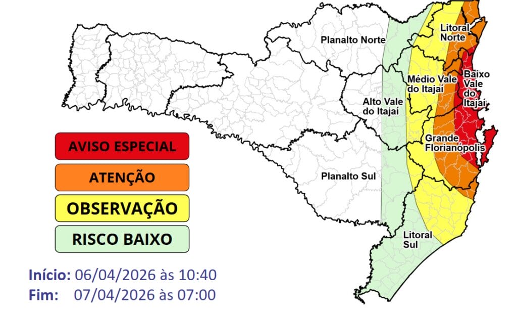 Defesa Civil coloca regioes de SC em alerta máximo para ciclone