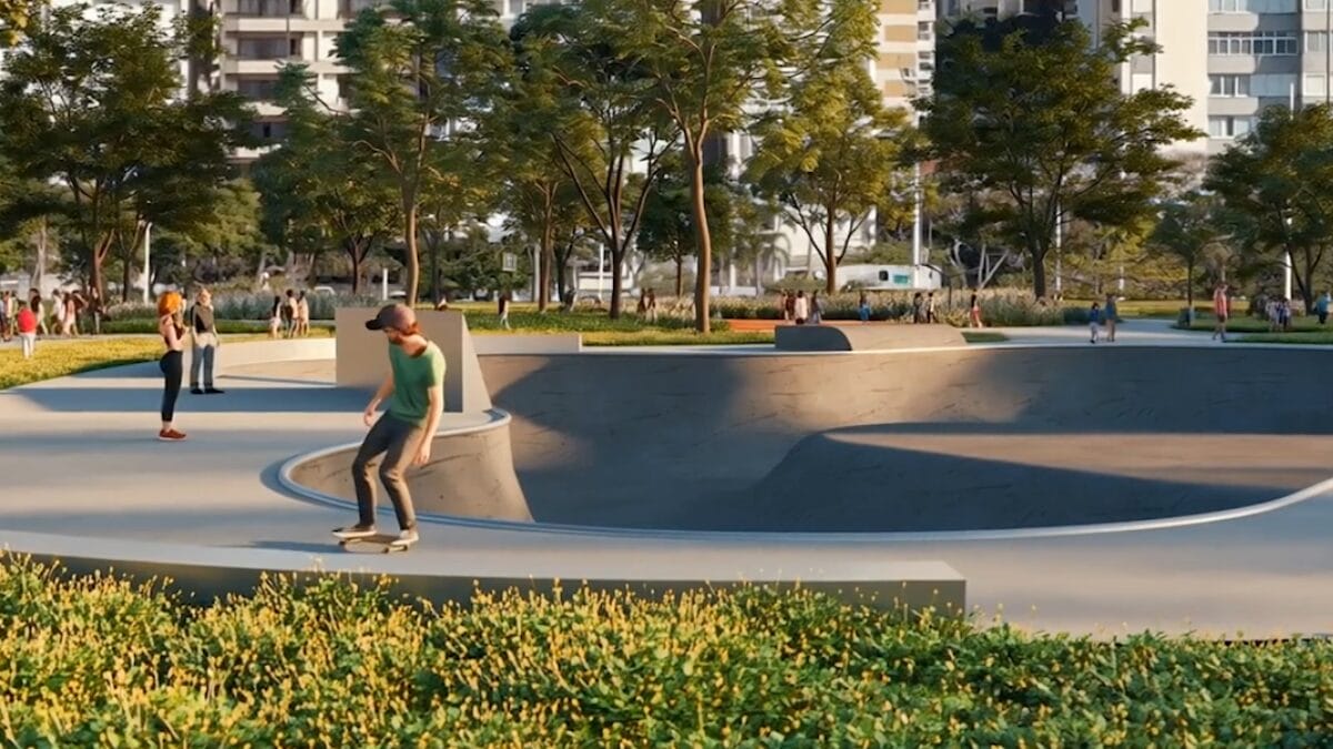 Projeto de skate park integrado &agrave;s &aacute;reas verdes do parque urbano, pr&oacute;ximo a edifica&ccedil;&otilde;es e caminhos de circula&ccedil;&atilde;o.