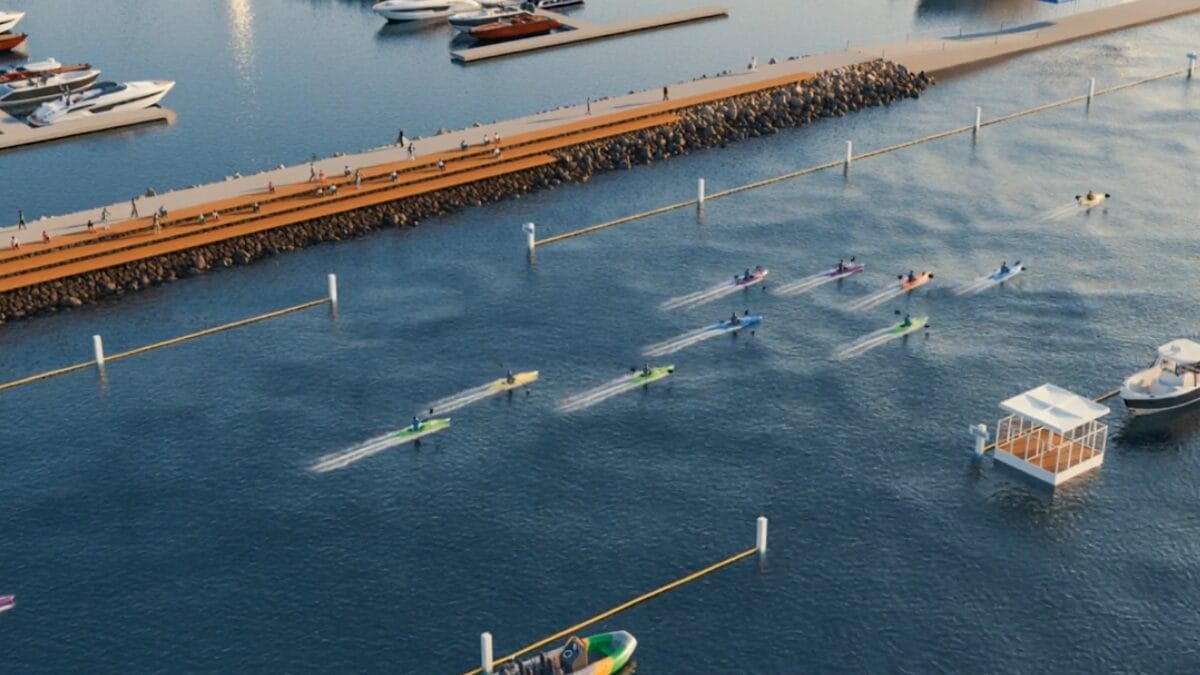 &Aacute;rea n&aacute;utica do projeto com enrocamento, passeio &agrave; beira-mar e pr&aacute;tica de esportes aqu&aacute;ticos em frente &agrave; marina.