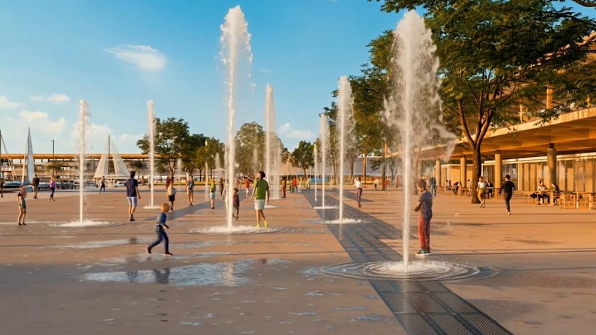 Projeto de pra&ccedil;a molhada com chafarizes interativos no parque urbano, cercada por &aacute;reas de conviv&ecirc;ncia e servi&ccedil;os.