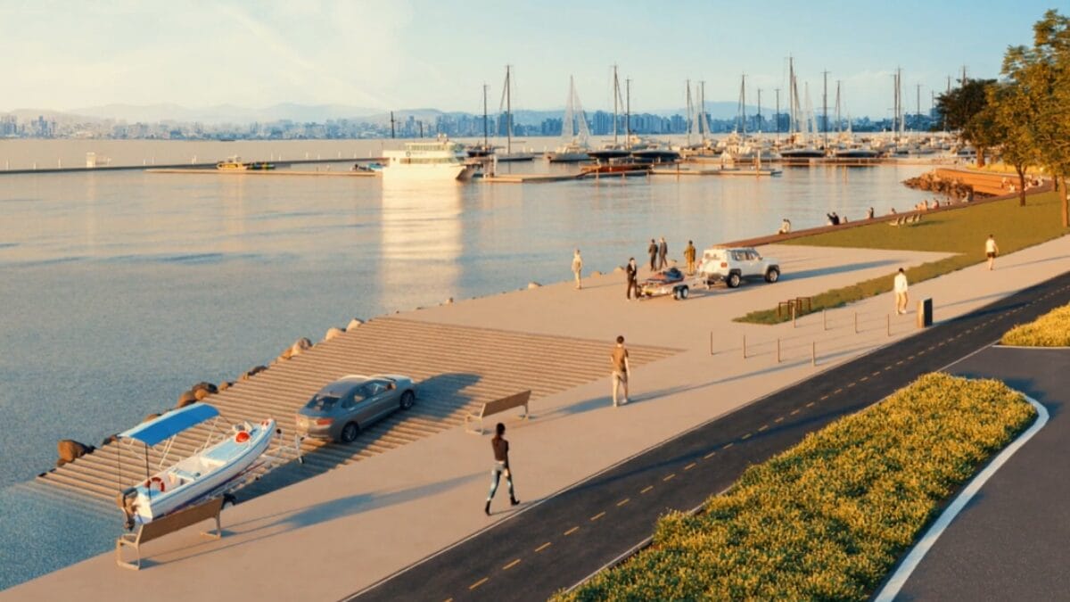 Projeto do novo cal&ccedil;ad&atilde;o da Beira-Mar Norte com rampa de acesso ao mar, &aacute;reas de conviv&ecirc;ncia e circula&ccedil;&atilde;o &agrave; beira da ba&iacute;a.