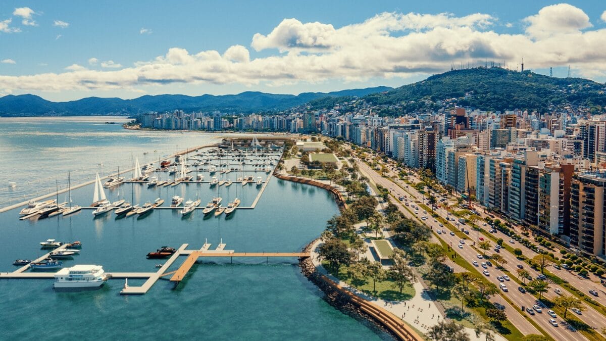 Proje&ccedil;&atilde;o da nova orla com parque urbano, marina, espa&ccedil;os p&uacute;blicos ampliados e integra&ccedil;&atilde;o com a avenida costeira.