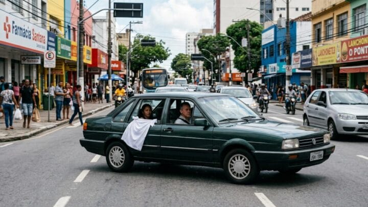 Carro com pano branco na janela
