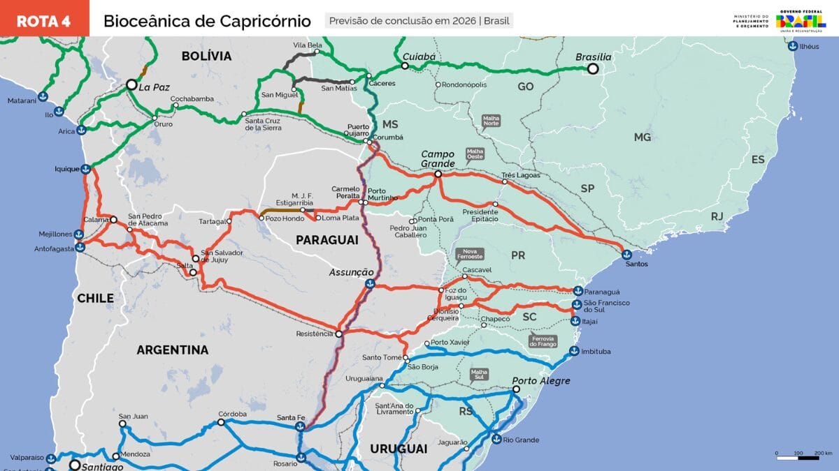 Mapa da Rota Bioce&acirc;nica de Capric&oacute;rnio mostra a liga&ccedil;&atilde;o terrestre entre Brasil, Paraguai, Argentina e Chile, conectando o porto de Santos a portos no norte do Chile.