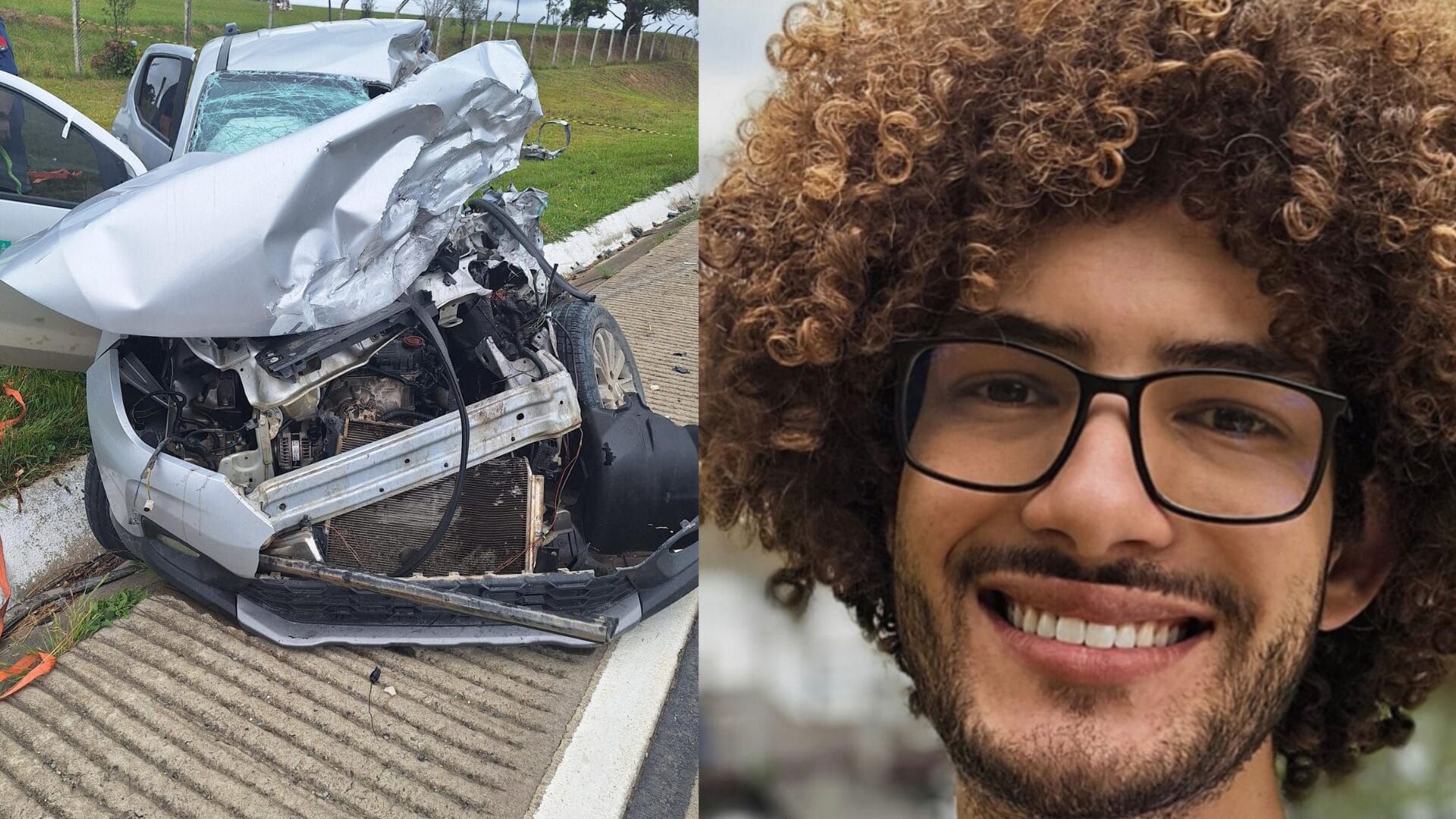 Imagem do veículo que Ezequiel conduzia após o acidente e foto de Ezequiel